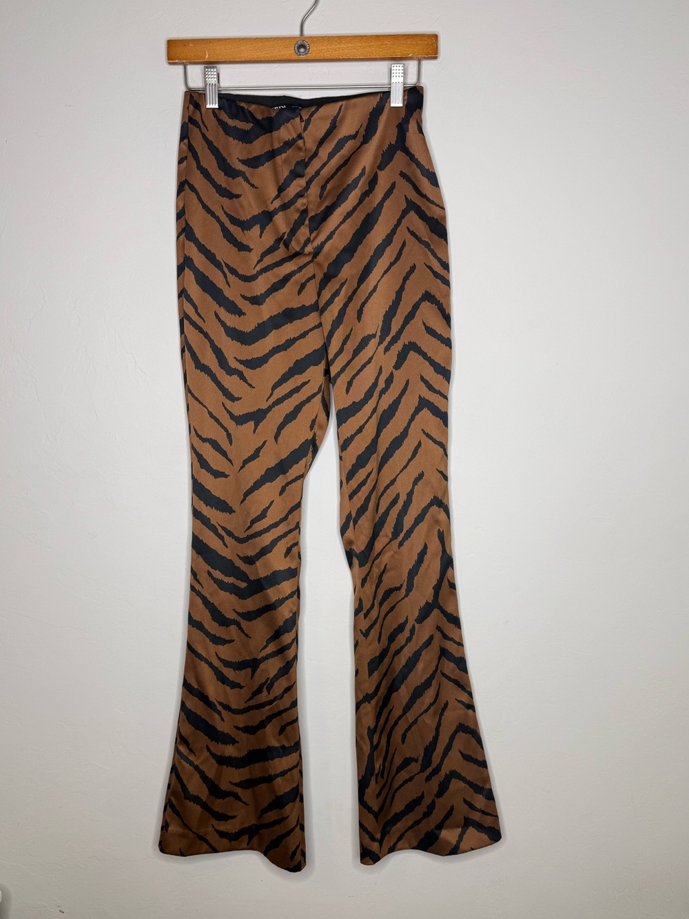Zara High Waisted Brown Black Zebra Satin Pants size small animal print flare